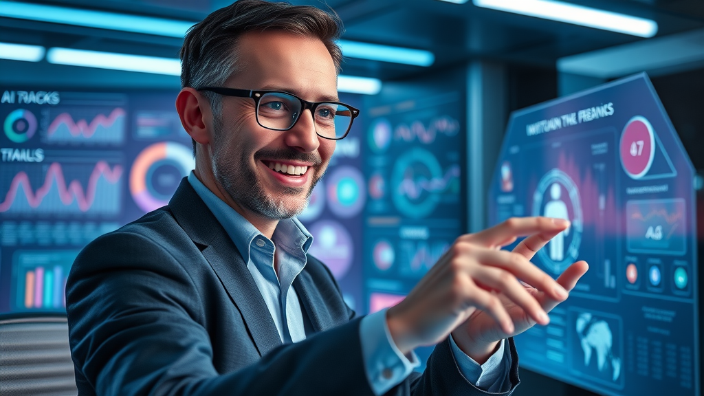 Nonprofit director interacting with AI-powered digital interface, strategizing for future nonprofit digital transformation