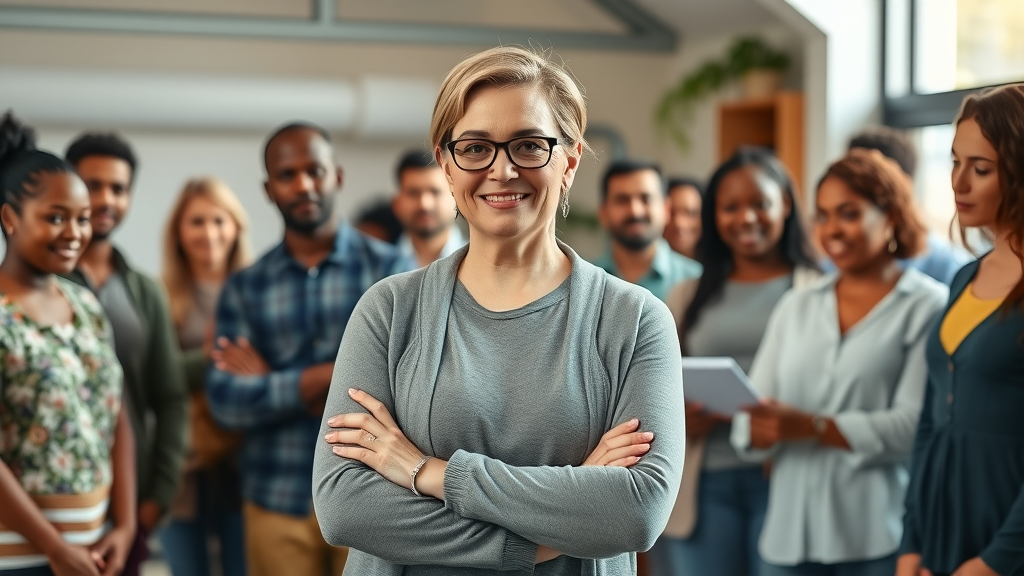 inspiring nonprofit leader standing confidently at the forefront of a diverse team at a community center. Leadership in nonprofits.