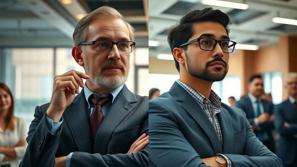contrasting business leaders: nonprofit leader guiding purpose-driven team vs. corporate leader managing for profit