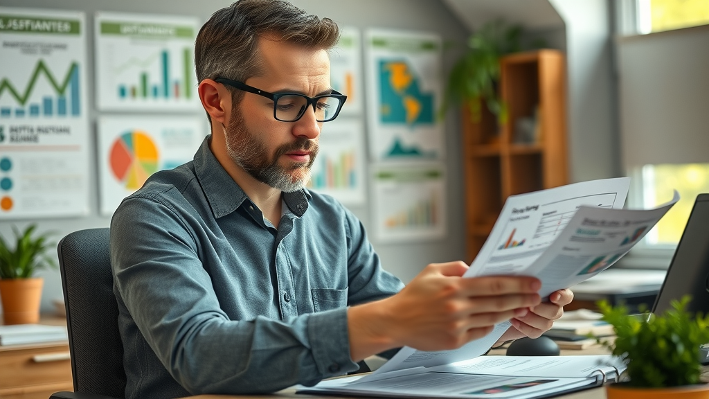 dedicated nonprofit manager reviewing strategic plans with financial documents, office focused on sustainability, nonprofit management
