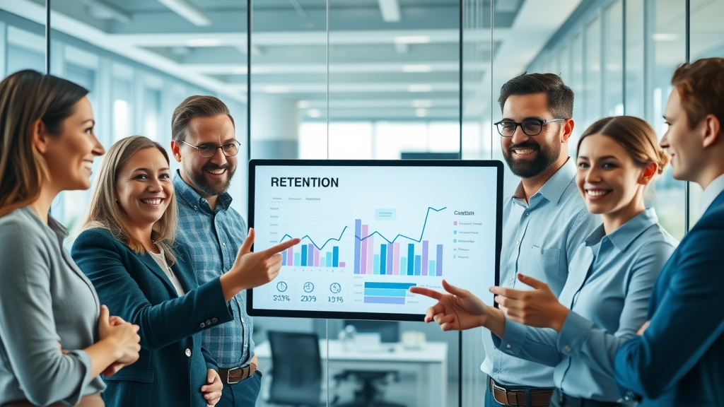 Business professionals discussing retention rate improvement in a modern office with rising retention graphs