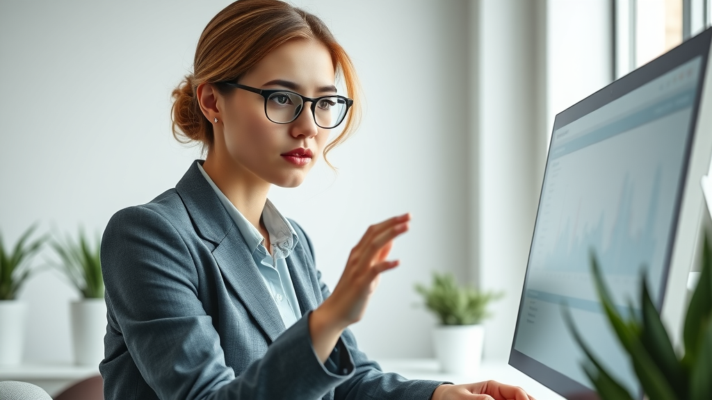 Businesswoman analyzing customer retention rate data on a computer screen