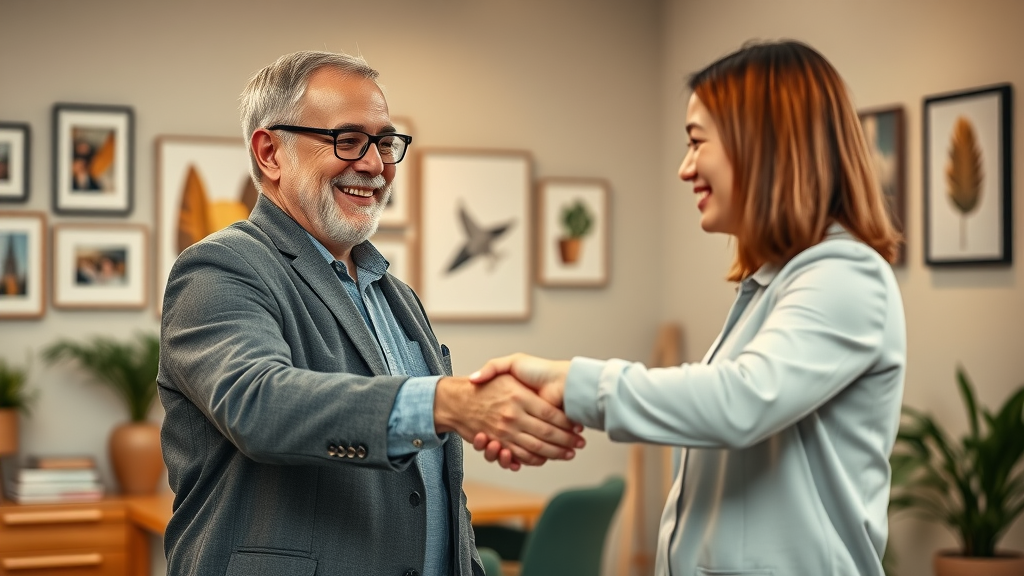 Long-term customer celebrating retention rate improvement with business associate