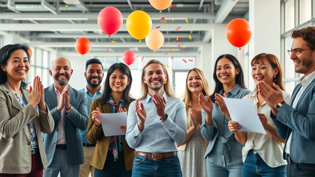 Happy employees celebrating retention rate improvement in a modern office
