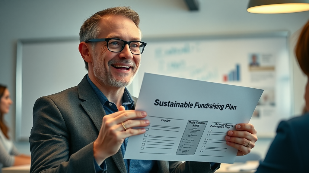 inspiring nonprofit leader presenting a sustainable fundraising plan with a team in a conference room with whiteboard, main keyword nonprofit fundraising and sustainability