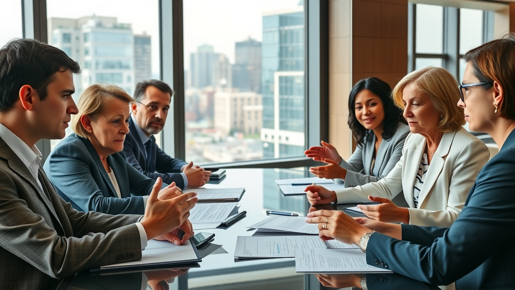 diverse nonprofit board collaborating over documents for sustainability strategy, demonstrating board members