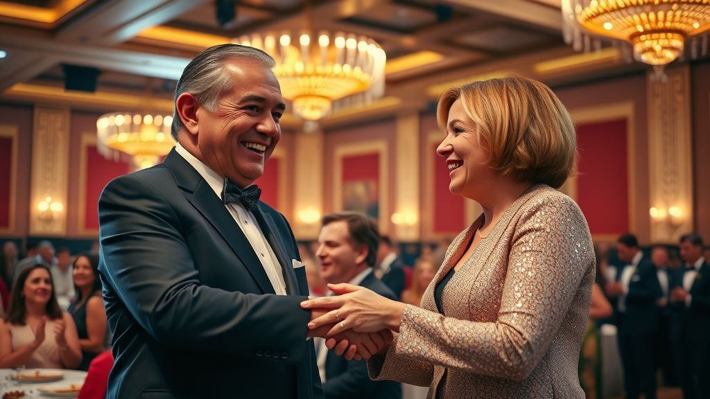 smiling donor and charity representative shaking hands at a fundraising gala, celebrating strong donor engagement and sustainable nonprofit fundraising