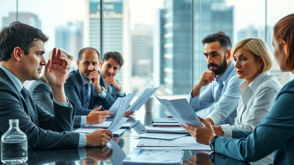 Candid boardroom discussion for effective board management, with members seriously reviewing documents and digital reports.