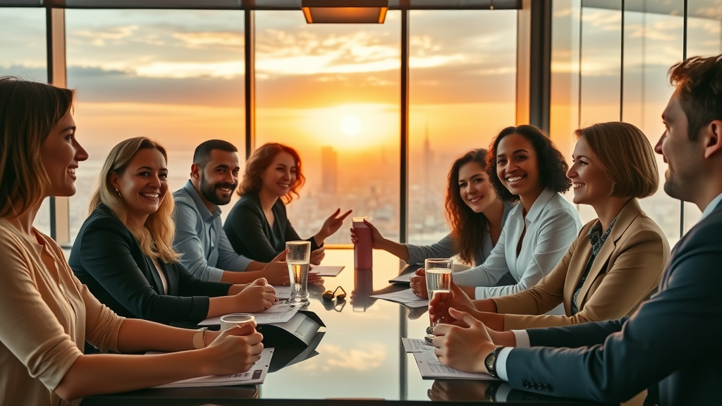 Collaborative and energized board members representing strong board culture for effective board management, with diverse backgrounds.