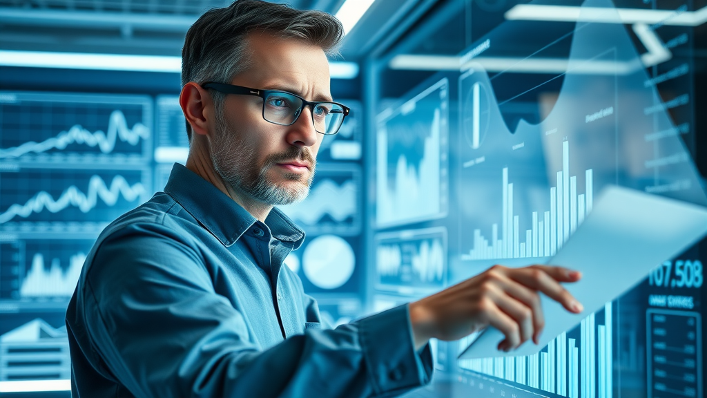 Analyst reviewing a dashboard with key metrics for evaluating board effectiveness using digital graphs and charts.