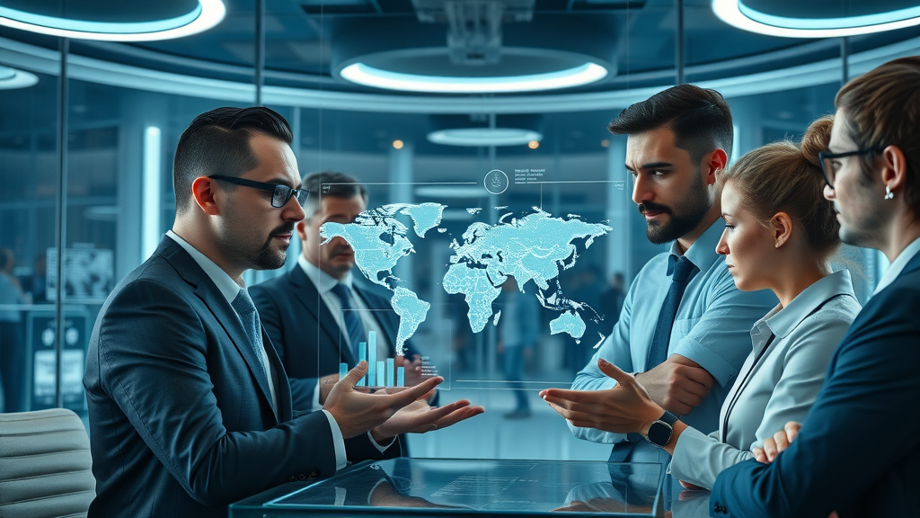 Corporate board executives analyzing digital world maps and risk charts, addressing challenges in effective board management.