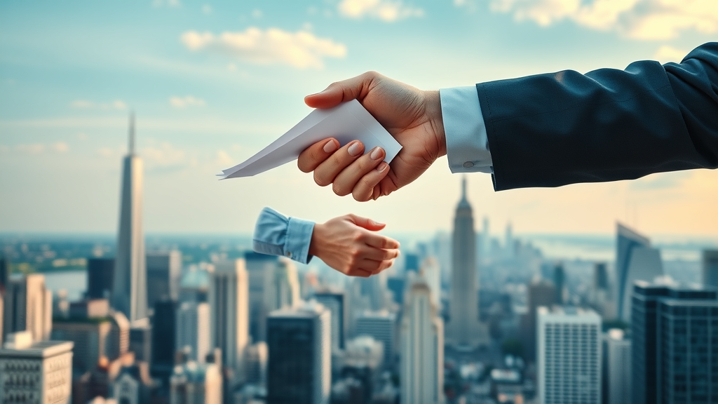 dynamic handshake between a businessperson and a government official, confident expressions, shaking hands over a modern cityscape, city skyline with recognizably mixed public and private buildings