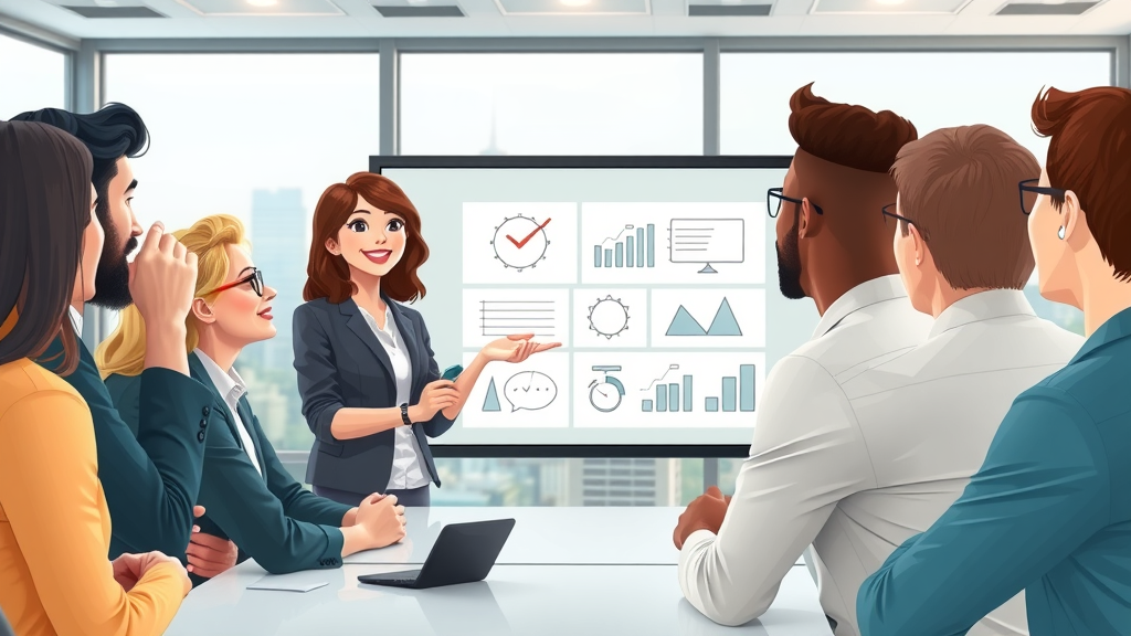professional woman explaining a concept of public-private partnerships to a diverse group, gesturing towards a large digital screen with clear graphics, office meeting room with city view