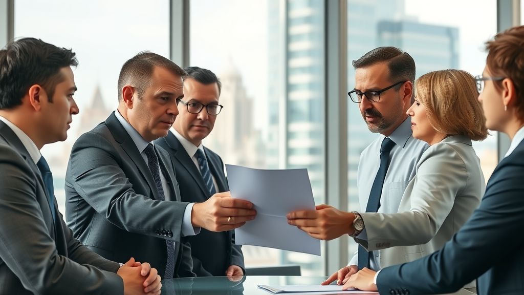business meeting between public officials and private executives examining a contract, modern conference room with city background