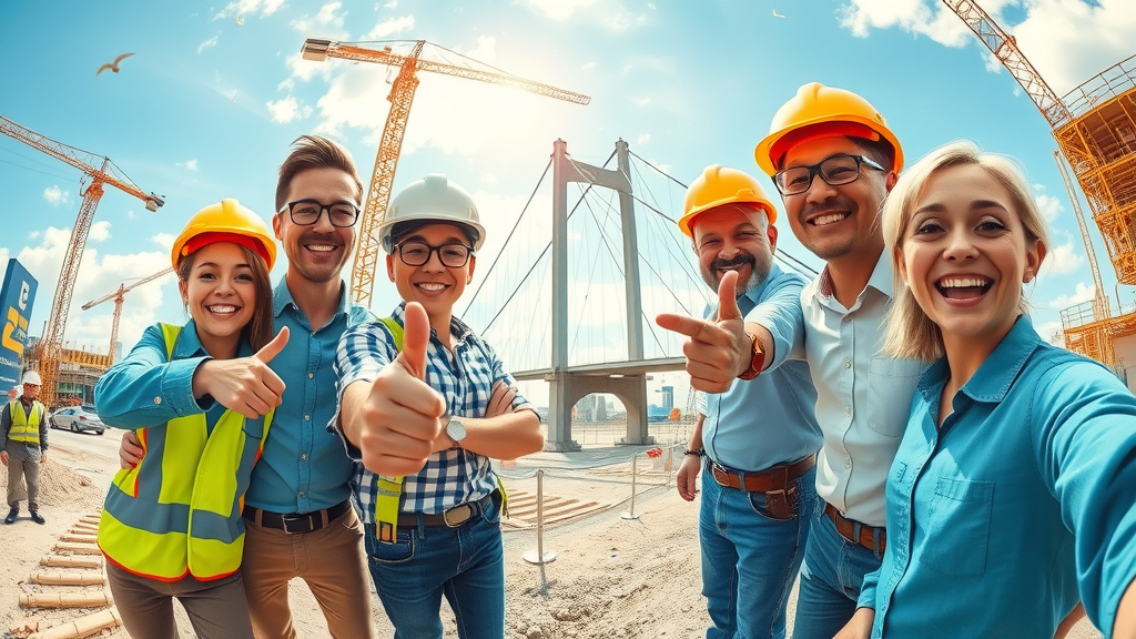 happy team of engineers and city planners pointing to a newly constructed bridge with both public and private participation, construction site in broad daylight