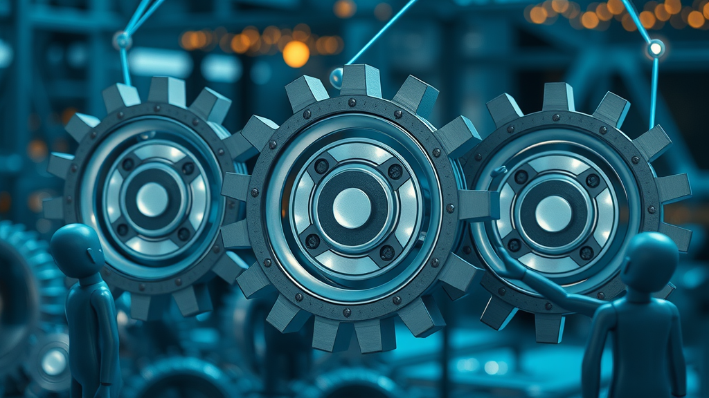 three interconnected gears symbolizing partnership types, rotating gently as figures interact around them, abstract futuristic environment with softly glowing lines