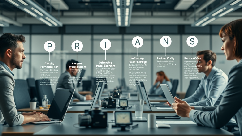 progressive timeline with milestones representing partnership steps, professionals collaborating at each stage in a stylized office workspace