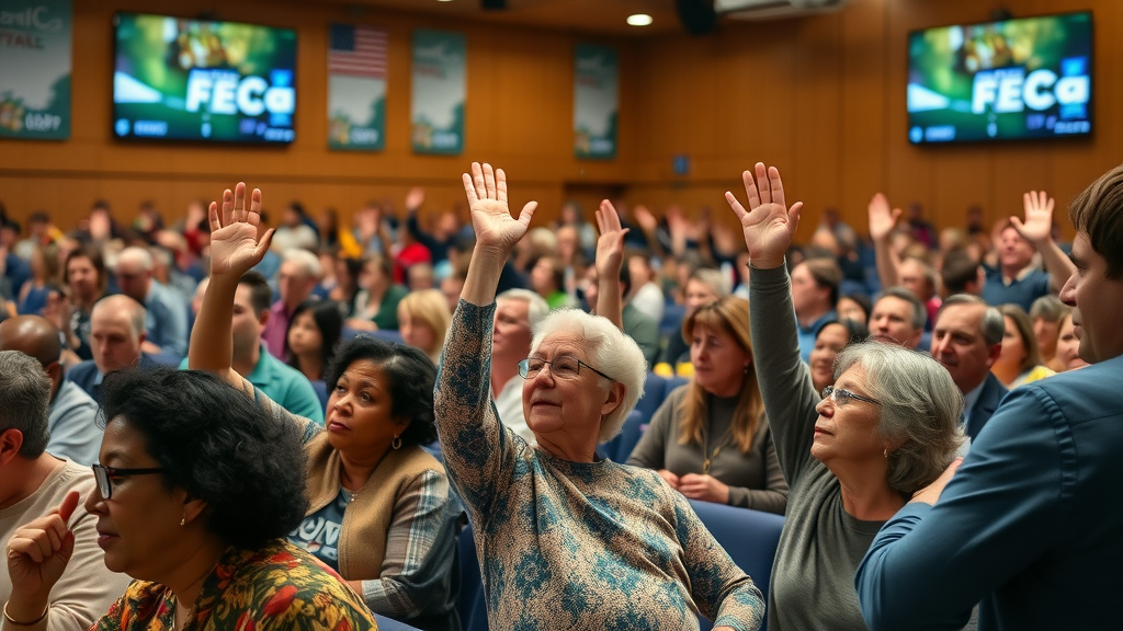 community members and stakeholders in a lively town hall meeting, raising hands and discussing with facilitators, in a welcoming auditorium