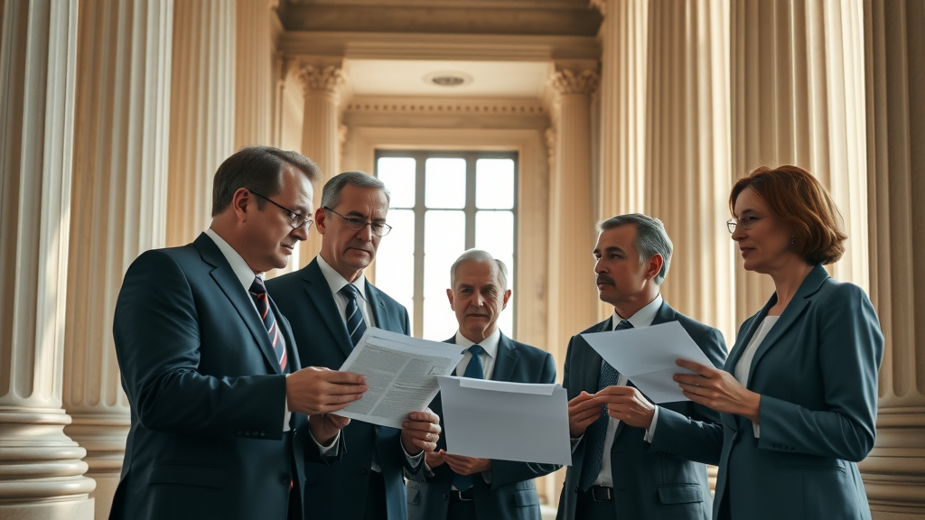 lawmakers and business leaders consulting in a courthouse hallway, reviewing legal documents together, classical courthouse interior