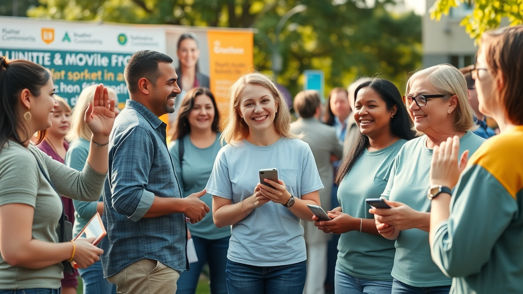 Effective volunteer communication during a community event with diverse, engaged volunteers at an outdoor nonprofit setting, lively conversation, vibrant banners, and informational tables.