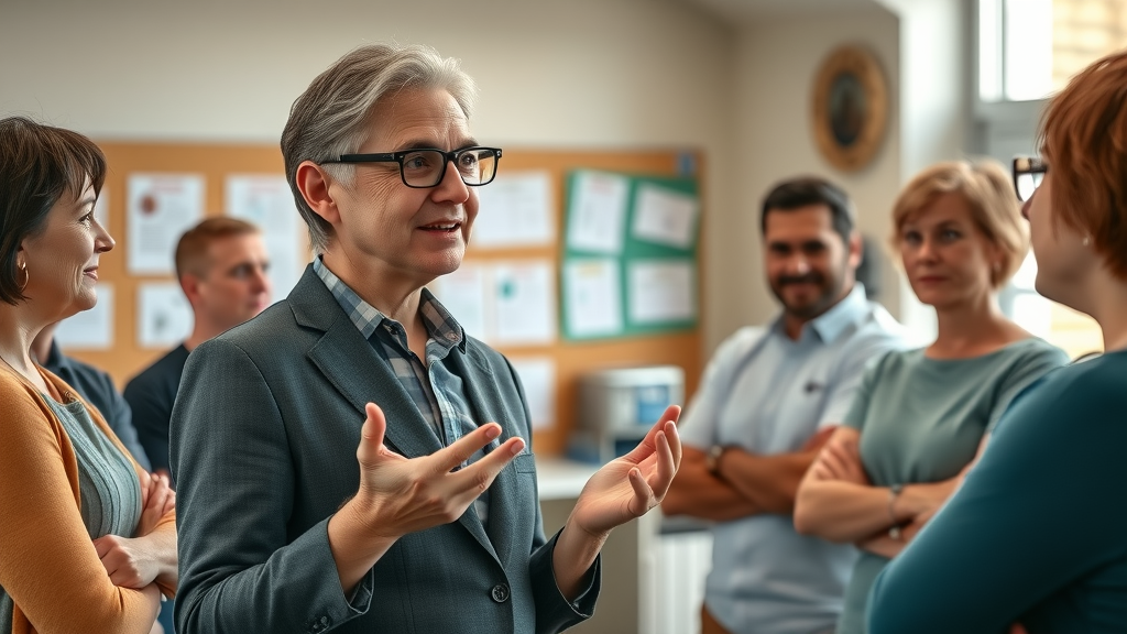 Effective volunteer communication illustrated by a professional volunteer manager speaking confidently to attentive volunteers indoors, with engaged faces and natural gestures.