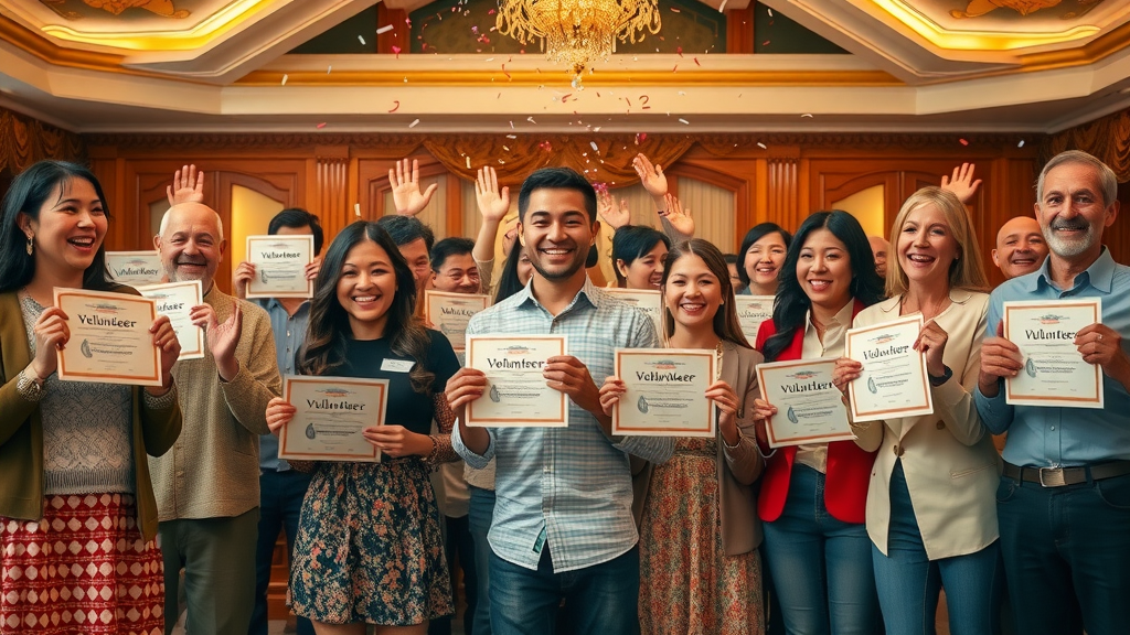 Volunteer communication improves retention: Energetic volunteers receiving appreciation certificates at a community celebration, confetti and applause.