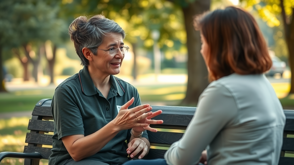 Communication skills of volunteering: Empathetic volunteer listening attentively on an outdoor bench, demonstrating active listening and compassion.