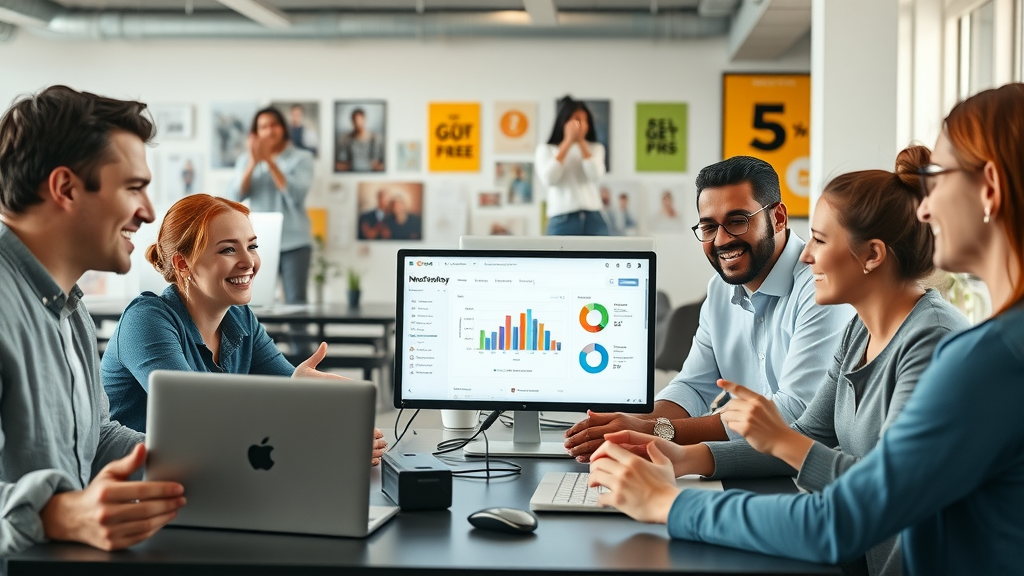 modern nonprofit team using volunteer management software dashboard in a vibrant office setting