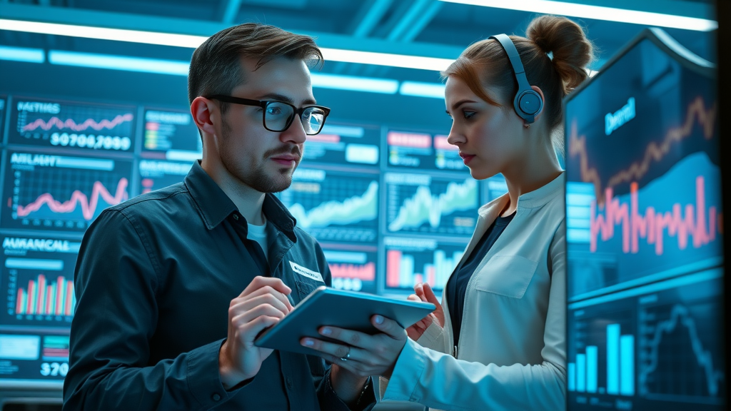 futuristic volunteer coordinators monitoring metrics on volunteer management software in a high-tech office