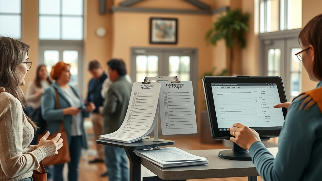 volunteers using both paper sign-in sheets and a tablet for checking in with volunteer management software