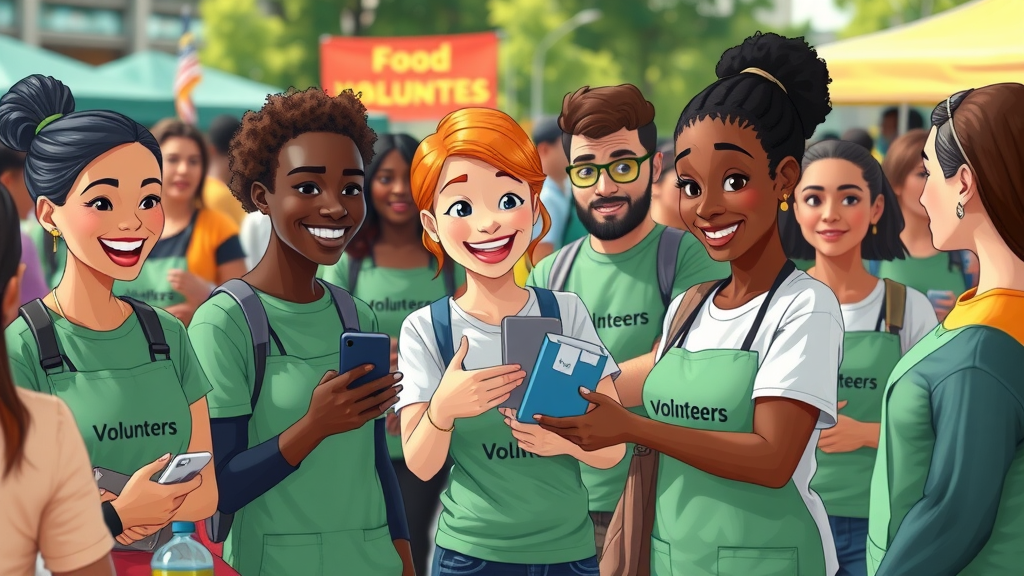 diverse volunteers using mobile check-in at an event with management software