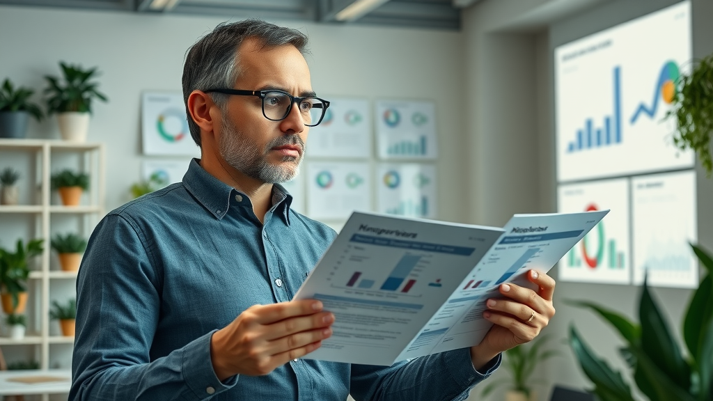 nonprofit leader comparing volunteer management software features in an office