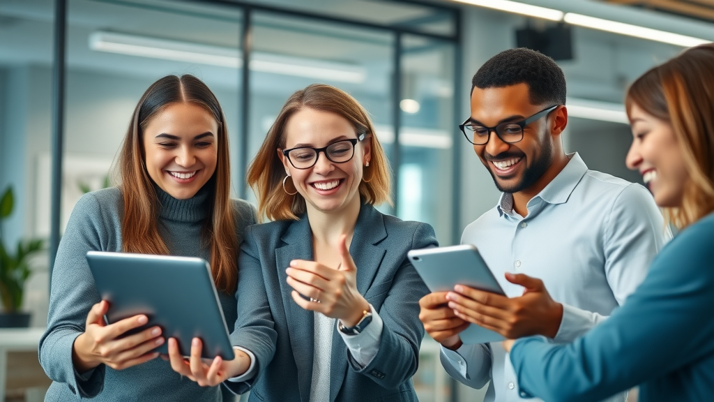 Nonprofit professionals collaborating around cloud-connected devices for cloud computing for nonprofits