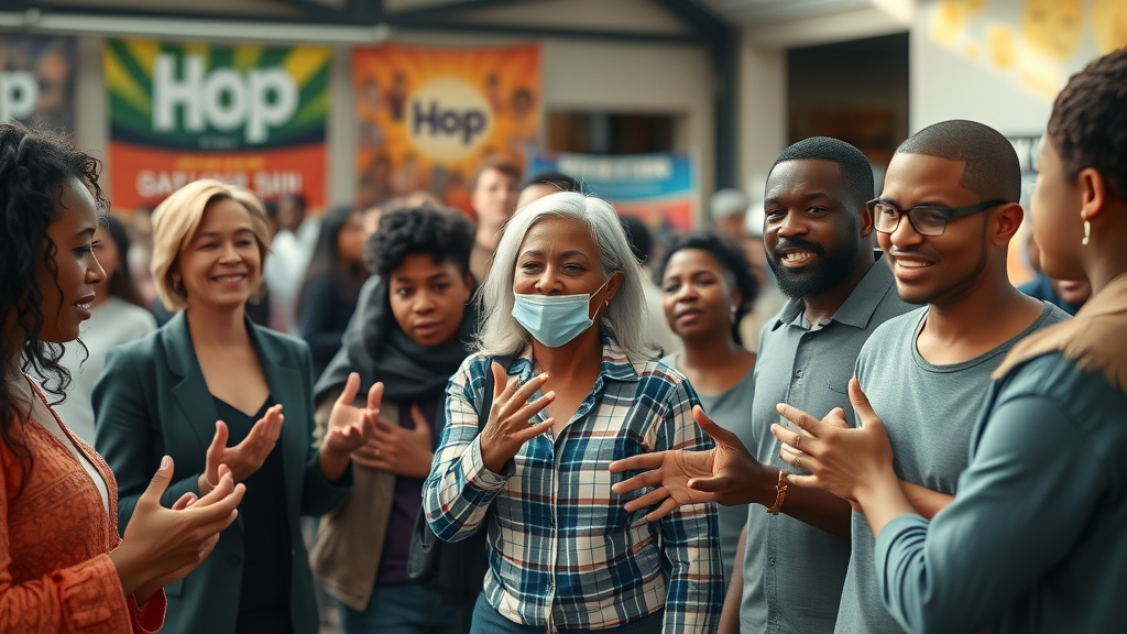 Powerful urban neighborhood engaged in community outreach programs, community members meeting in a city community center, banners and tables in background, photorealistic high fidelity