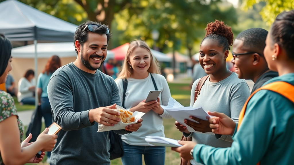 Compassionate volunteers handing out food and educational materials at a community outreach event in a park, photorealistic