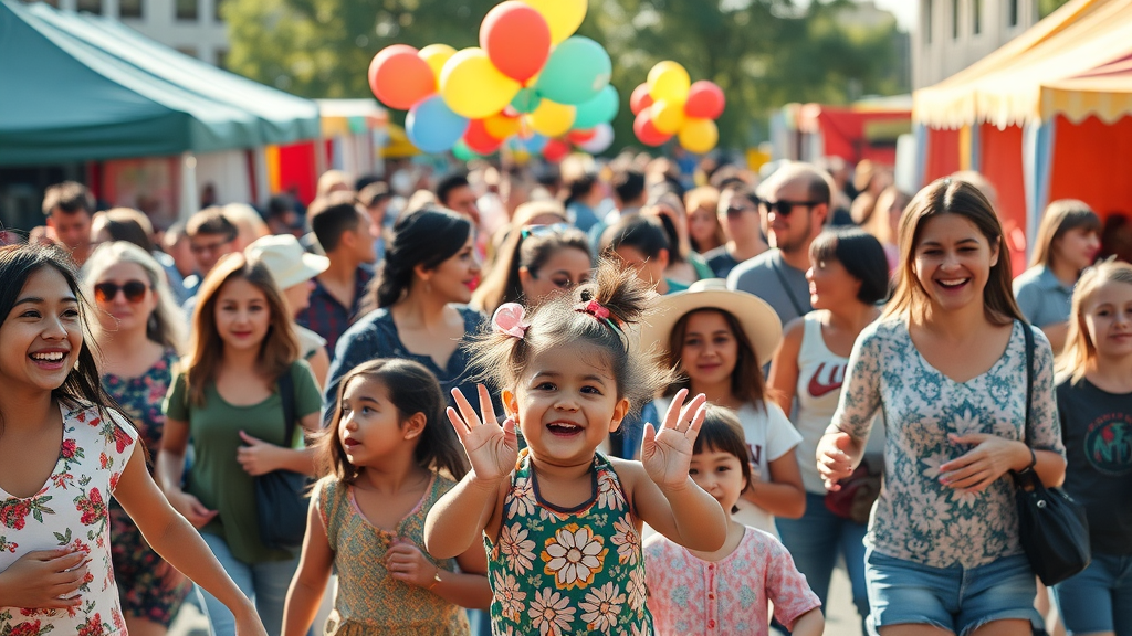 Multicultural crowd enjoying a festive community outreach event, outdoor street fair with booths, balloons and smiling families