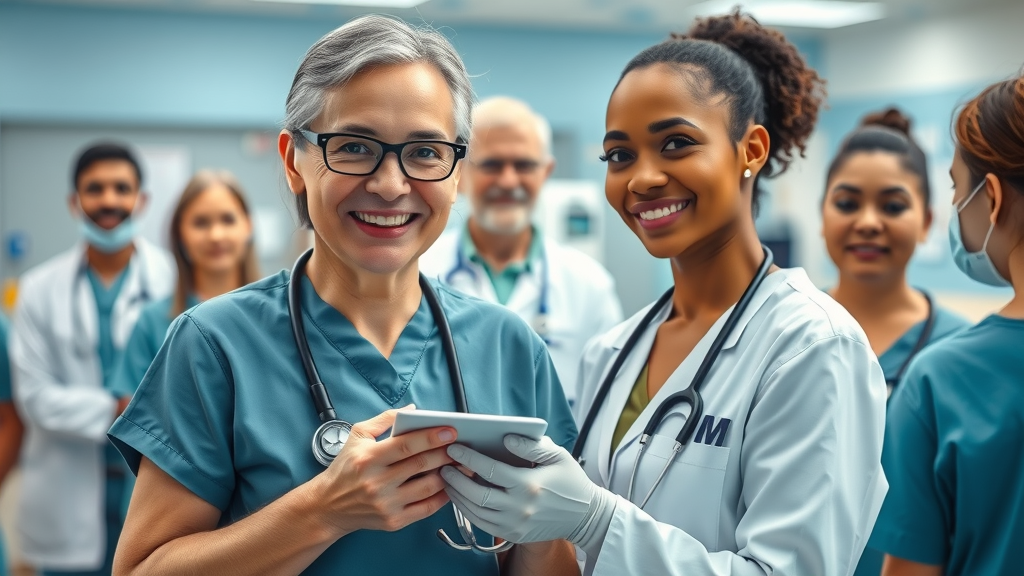 Healthcare workers offering health screenings at a community outreach event in a community center, detailed caring expressions and medical equipment