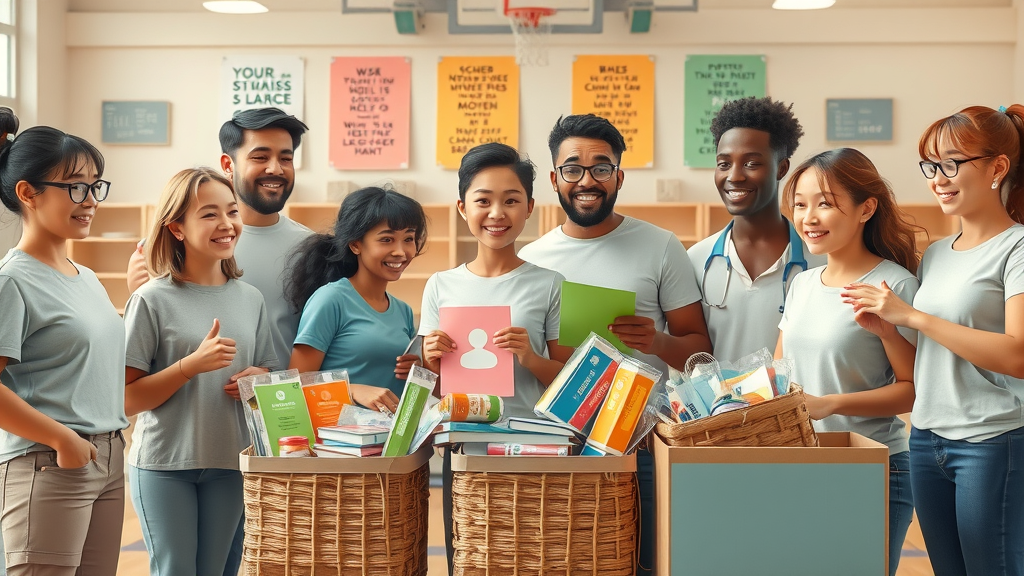Diverse group of volunteers organizing educational materials and food baskets for a community outreach event, teamwork in a school gymnasium
