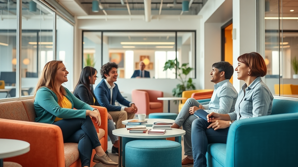 work environment inviting breakroom employees interacting relaxed workplace