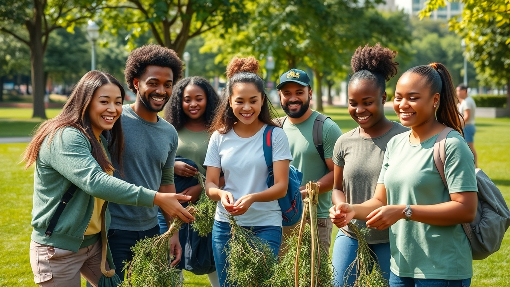inspirational group of diverse volunteers participating in community volunteer programs by collaborating on an urban park clean-up activity, teamwork and smiling faces visible, bright natural daylight
