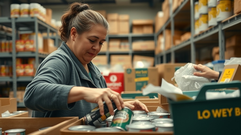 dedicated volunteer organizing food donations as part of community volunteer programs, sorting canned goods at a busy food bank, teamwork and warm interior