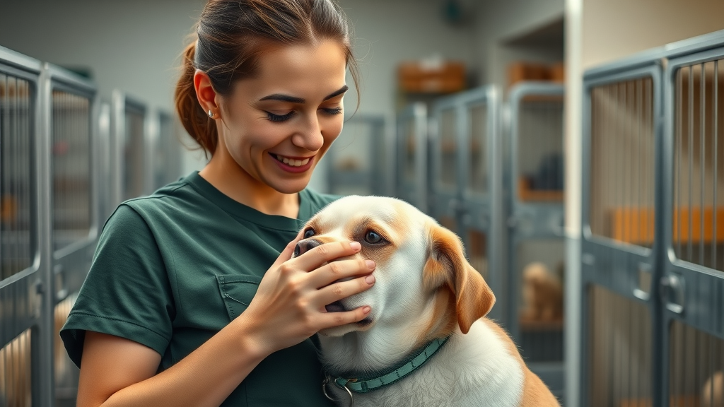 friendly volunteer petting a dog at an animal shelter as part of community volunteer programs, gentle contact, indoor kennels visible, natural lighting, compassionate moment