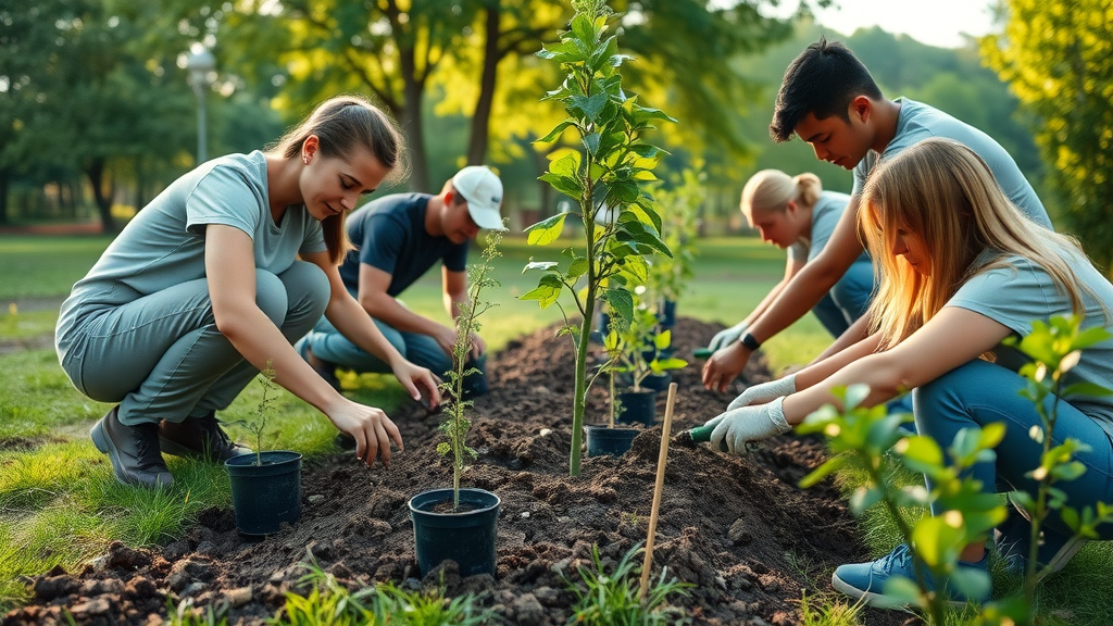 committed volunteers planting trees as part of community volunteer programs, teamwork is visible, community park setting with vivid greenery, soft morning sunlight