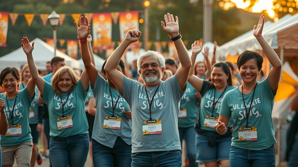 celebratory volunteers and community members holding hands and cheering after a successful community volunteer program event, festive outdoor atmosphere