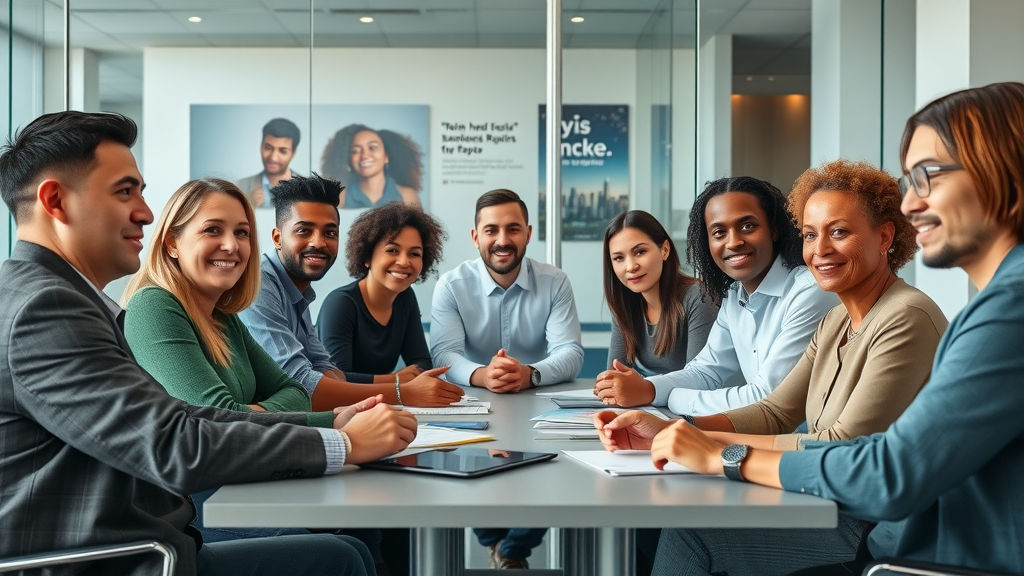 Diverse group of nonprofit leaders collaborating with determined expressions, symbolizing nonprofit leadership strategies in a modern conference room
