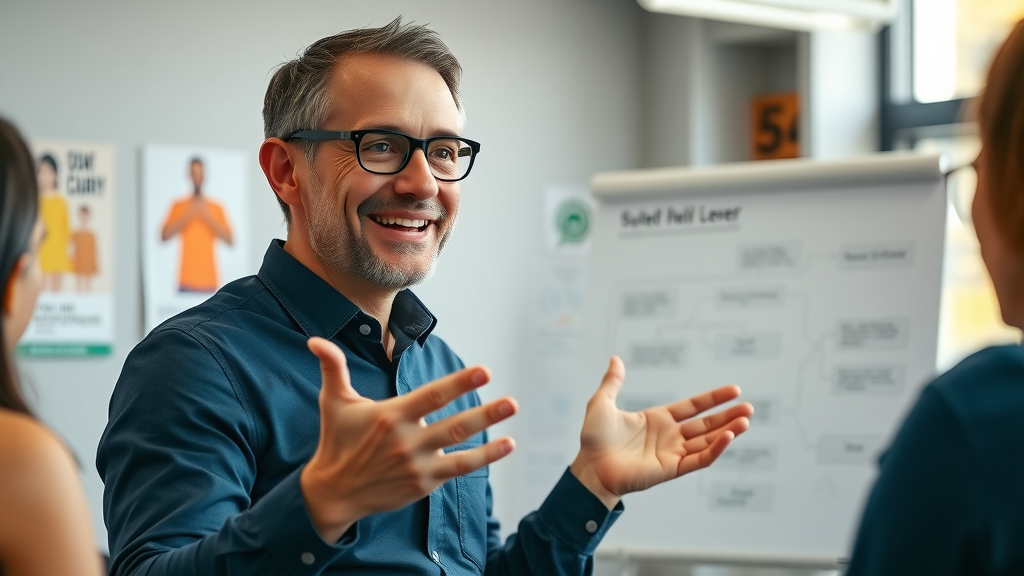 Confident nonprofit leader presenting to a team, exemplifying effective leadership strategies in an engaging office environment