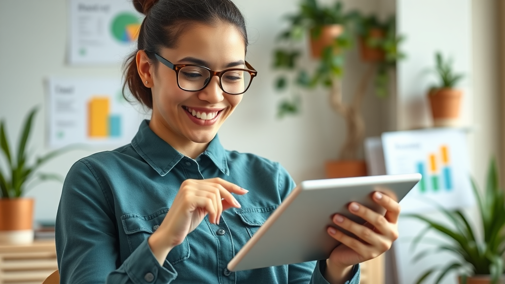 Ambitious nonprofit professional reviewing budget on a tablet, focused on leadership skills and nonprofit management