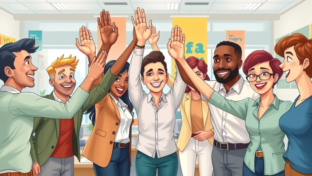 Positive nonprofit office culture with diverse team celebrating success, highlighting the role of organizational culture in nonprofit leadership