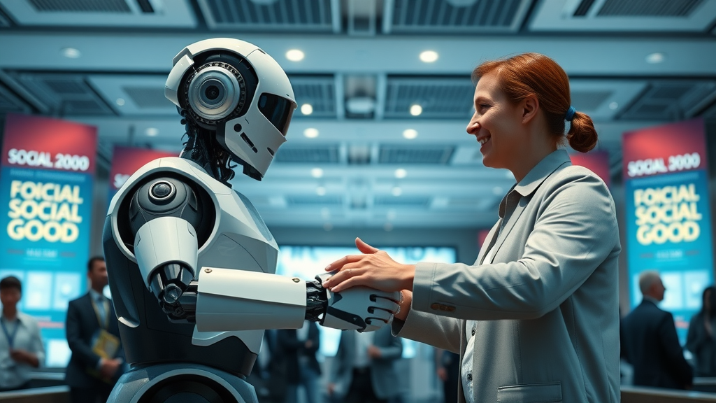 Nonprofit sector leaders shaking hands with AI robot for social good, AI assisting human workers in conference hall