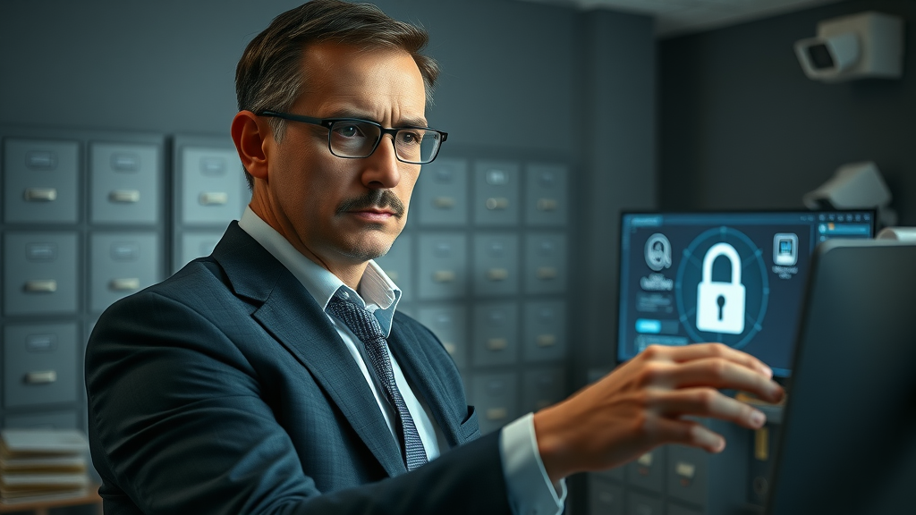 Nonprofit executive reviewing AI security dashboard and data privacy protocols for responsible AI budgeting